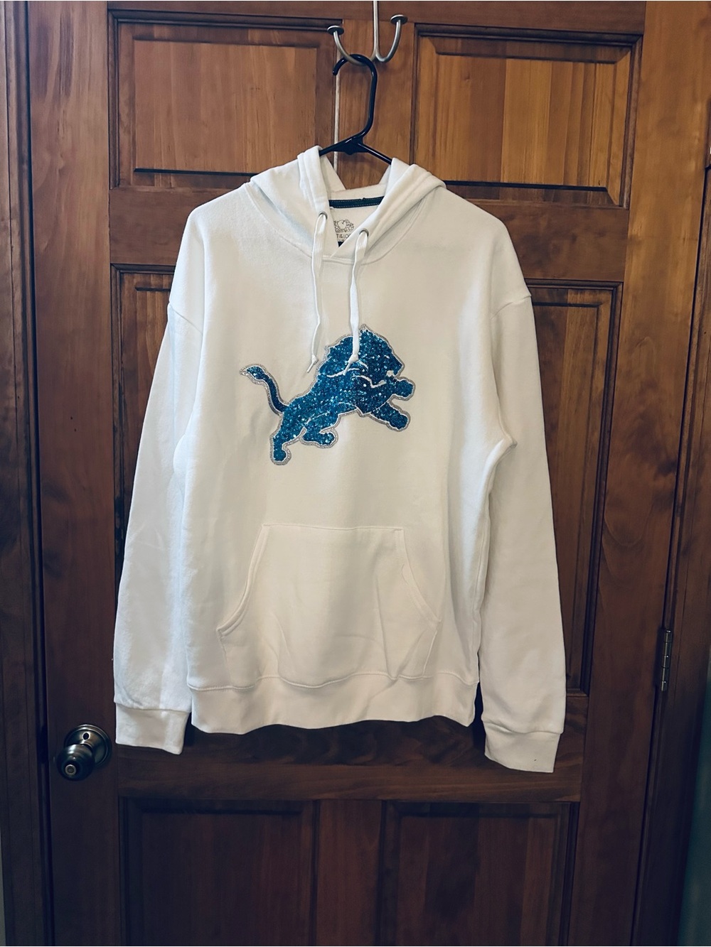 Detroit lions NFL White Hoodie with Blue Sequin Lion mascot size large